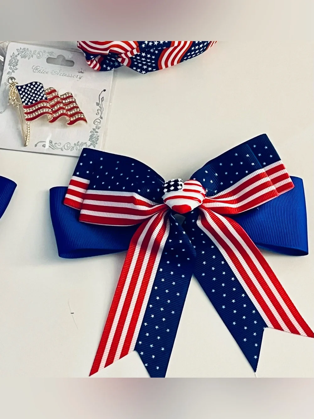 Patriotic  Hair Set with American Flag Bows and Headbands & Flag Brooch!